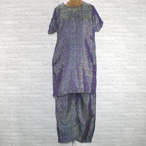 HANDMADE Kurta Set Purple Paisley Tunic Pant Orange Silver Embroidered Metallic